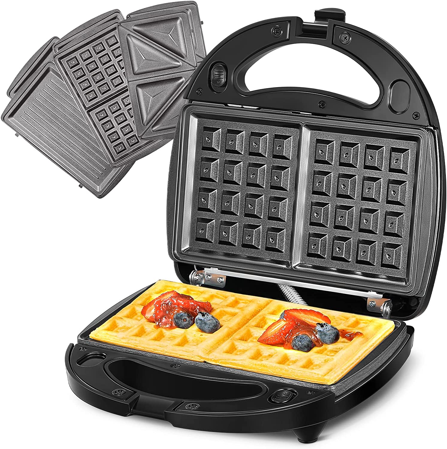 Black 2 in 1 Waffle and Sandwich Maker, Nonstick, Removable Plates - NEW.