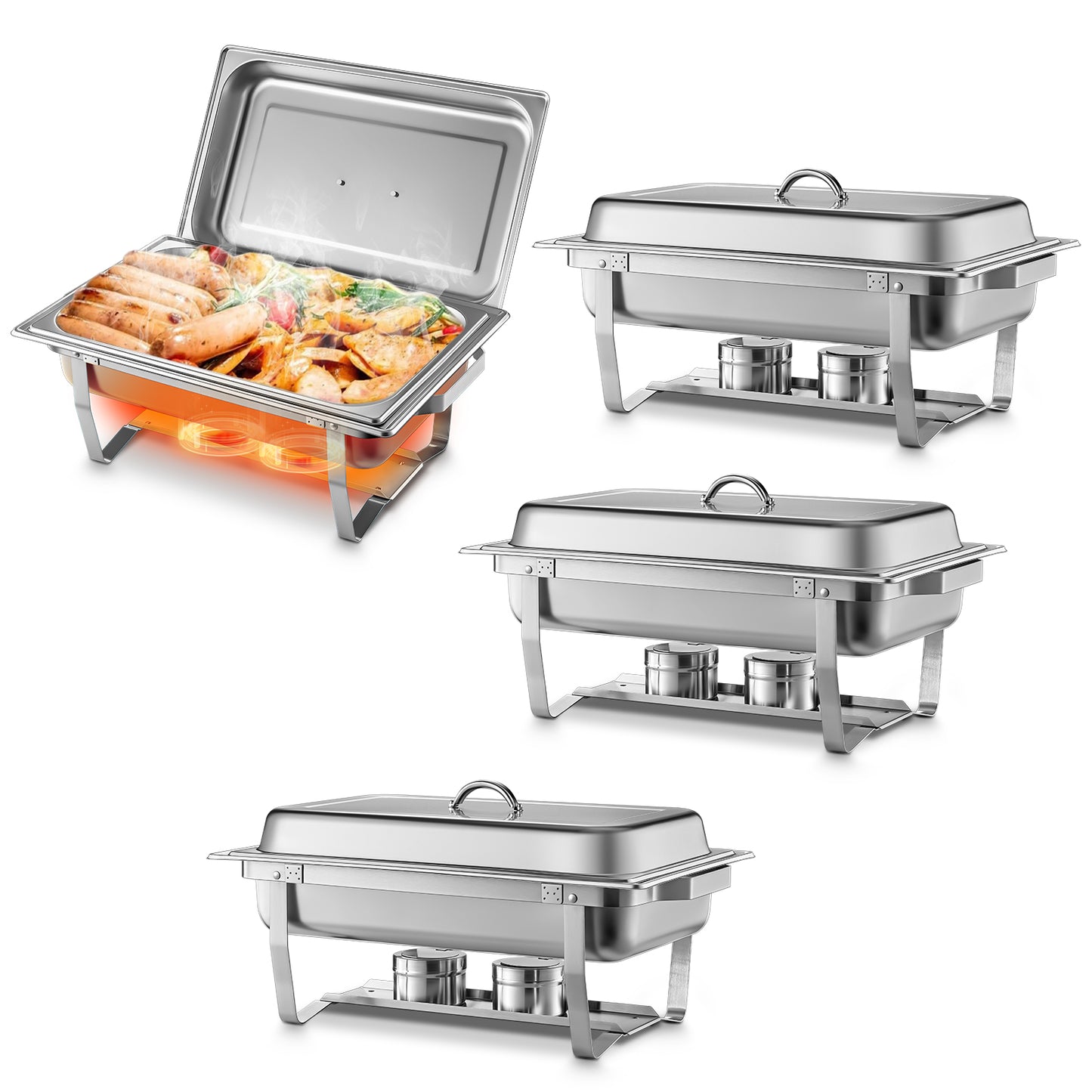 4 Pack of 9.6 Quart Stainless Steel Chafer Chafing Dish Buffet Set W/4* Spoon and Clip, 4*Folding Frame Tray Holder,Ideal for Party, Wedding, Catering