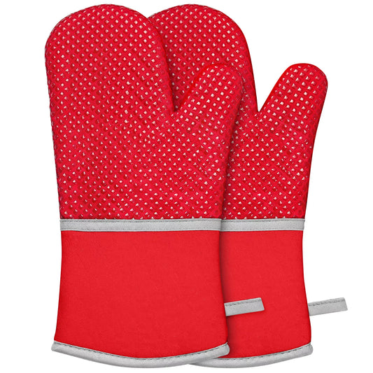 Oven Mitts, Heat Resistant Kitchen Oven Gloves 572°F, Non-Slip Silicone Surface, Extra Long Flexible Thick Mitts for Kitchen , Cooking , Baking , BBQ , Red