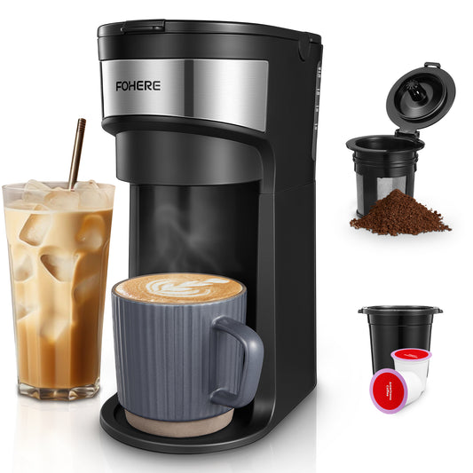 FOHERE 2-Way Single Serve Coffee Maker for K-Pod and Ground Coffee, Mini Coffee Machine with 6-12 oz Brew Size, Self-Cleaning Function