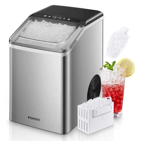 Nugget Ice Maker Countertop, 38 Lbs in 24Hrs, Chewable Pellet Ice Cubes, Self-Cleaning, Fingerprint-free Stainless Steel Housing, Portable Ice Maker Machine with Ice Scoop and Basket for Home