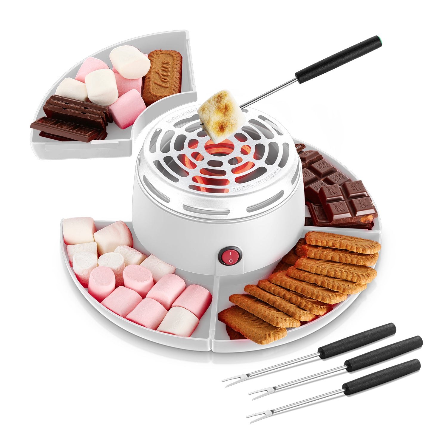 Smores Maker Tabletop Indoor, Flameless Electric Marshmallow Roaster with 4 Detachable Trays & 4 Roasting Forks, Movie Night Supplies & Housewarming Gift, White