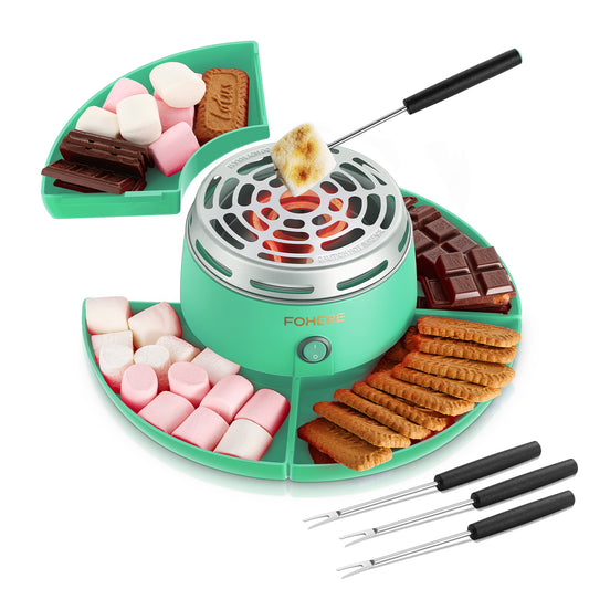 FOHERE Smores Maker Tabletop Indoor, Flameless Electric Marshmallow Roaster with 4 Detachable Trays & 4 Roasting Forks, Movie Night Supplies & Housewarming Gift, Green