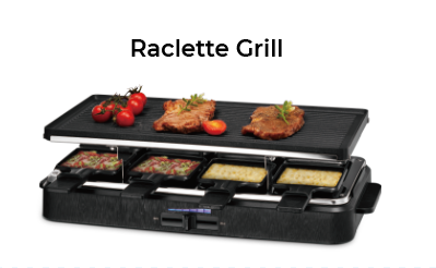 Raclette Grill 8 People Grill Plate Non-stick Coated, Raclette with 8 Mini Raclette Pans, Infinitely Adjustable Temperature, 1500W