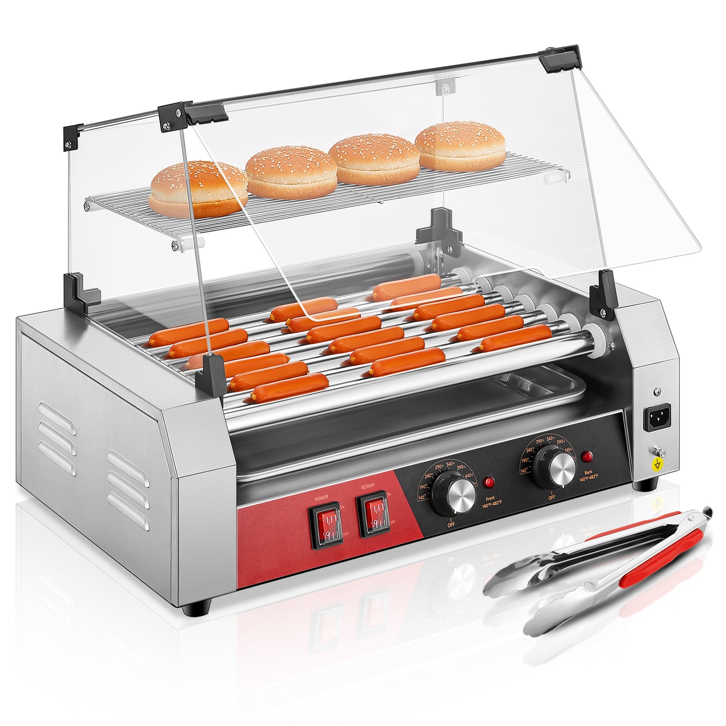 Electric 18 Hot Dog 7 Roller Grill Cooker Machine Backsplash & Shelf 1050W