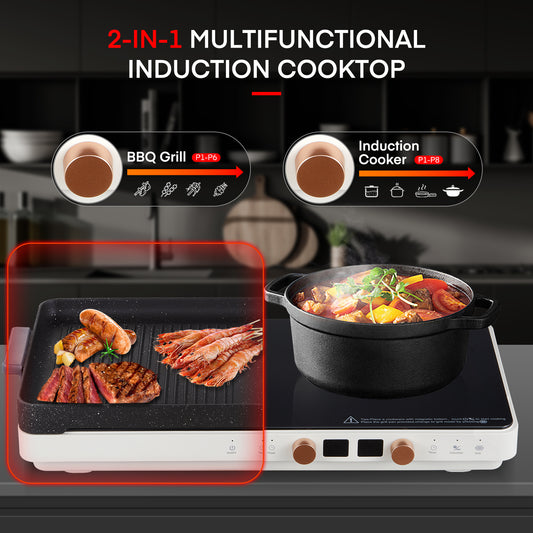 Induction Cooktop 2 Burners, Double Induction Hot Plate with Removable Cast Iron Griddle Pan Non-Stick, Independent Temperature Control, 8 Power Levels