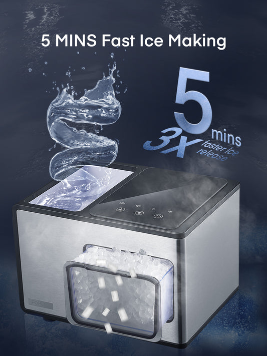 Countertop Nugget Ice Maker Newest Version, 40Lbs per Day, 5 Mins Ice Output, Self-Clean, Fingerprint-free Stainless Steel, Glossy Glass Touch Panel, FOHERE