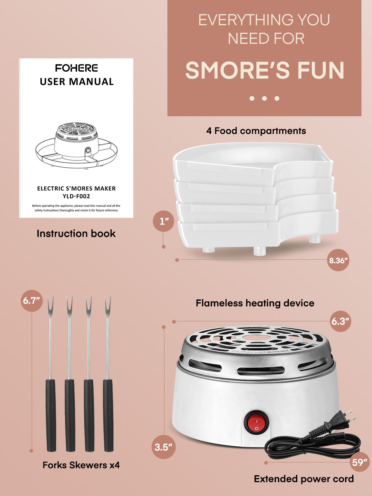 Smores Maker Tabletop Indoor, Flameless Electric Marshmallow Roaster with 4 Detachable Trays & 4 Roasting Forks, Movie Night Supplies & Housewarming Gift, White