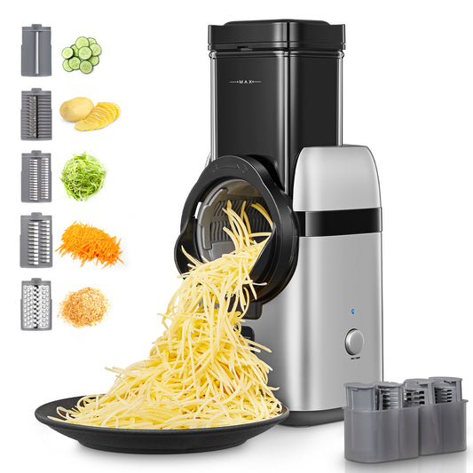 Electric Cheese Grater, 5 in 1 Electric Vegetable Slicer, 5 Free Different Blades with Storage Box for Cheese, Fruits, Vegetables