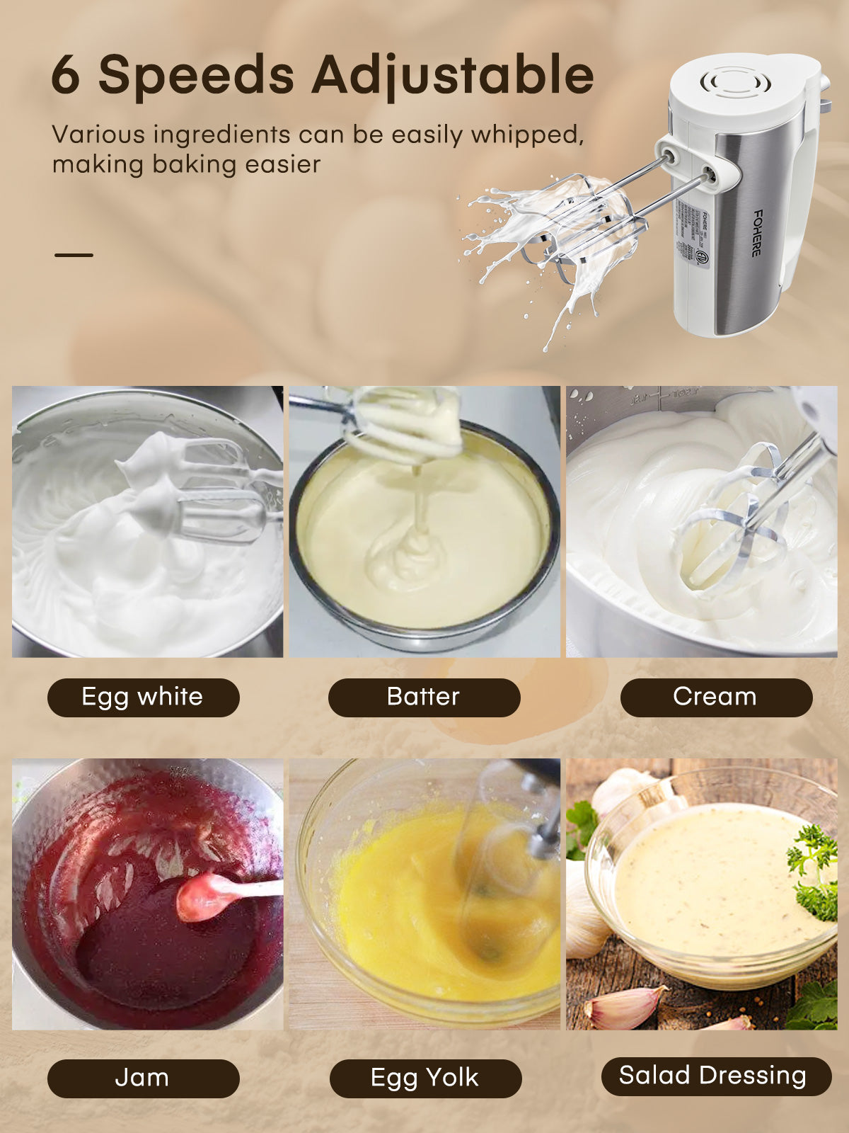 6 Speed Hand Mixer with Turbo Boost, Kitchen Hand Held Mixer Immersion Blender for Food Whipping, Includes 3 Attachments, White