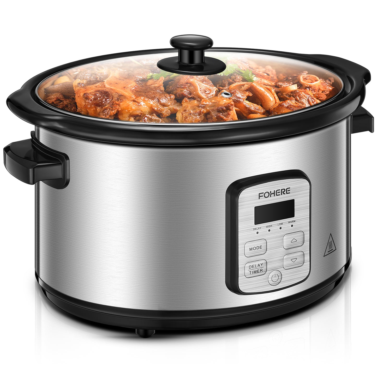 FOHERE 6Qt Slow Cooker with Ceramic Inner Pot, Adjustable Time ＆ Temp, Auto Keep Warm Function, Delay Start Function