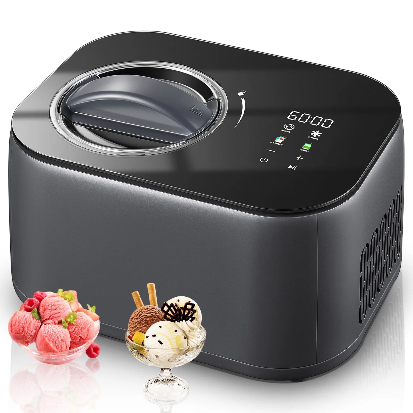 FOHERE 1.2Qt Automatic Ice Cream Maker Machine with Built-in Compressor, No Pre-Freezing, 4 Modes, Keep Cool Function, LCD Display & Timer, Frozen Yogurt Machine for Ice Cream/Yogurt/Gelato/Sorbet