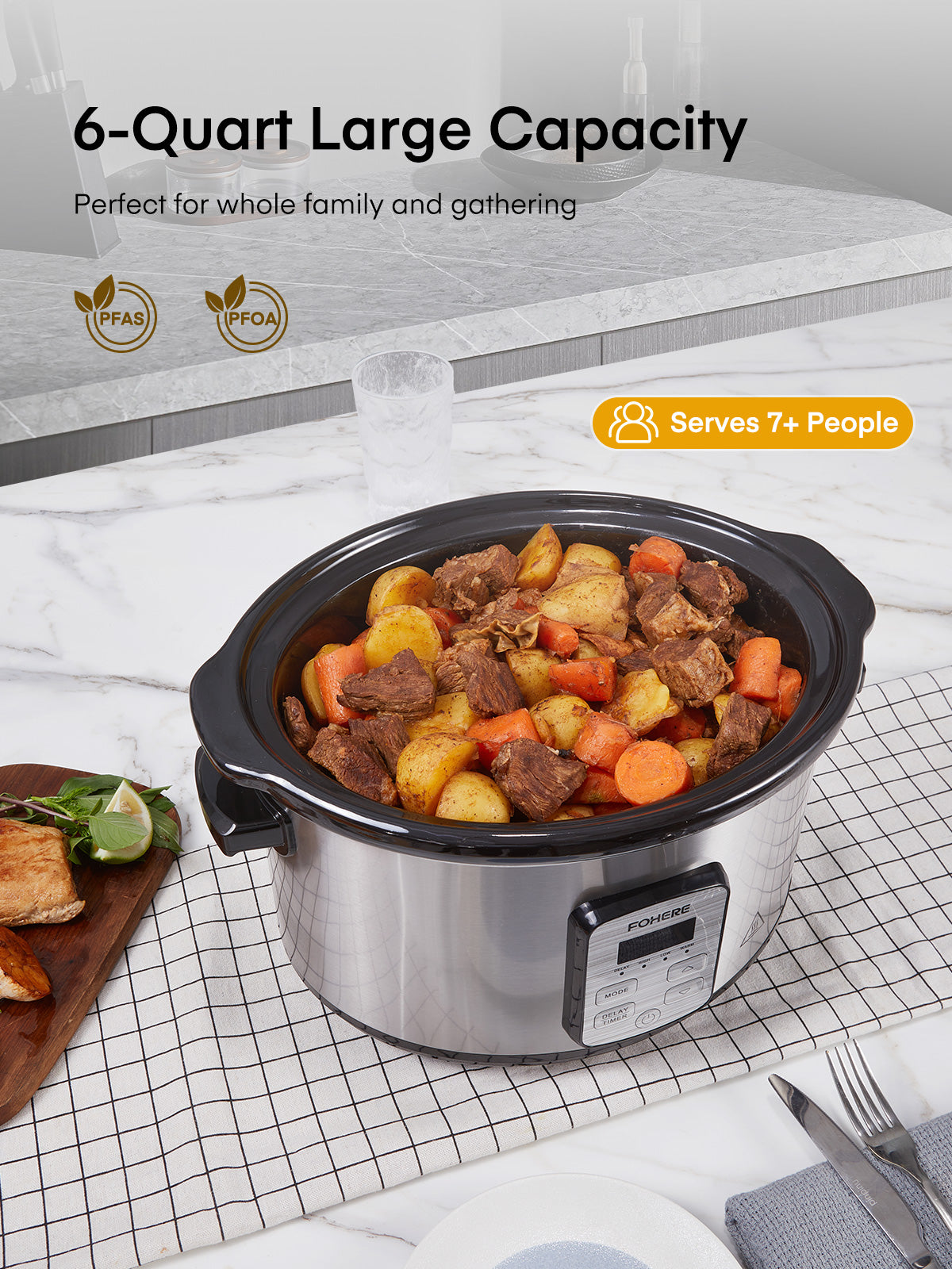 FOHERE 6Qt Slow Cooker with Ceramic Inner Pot, Adjustable Time ＆ Temp, Auto Keep Warm Function, Delay Start Function