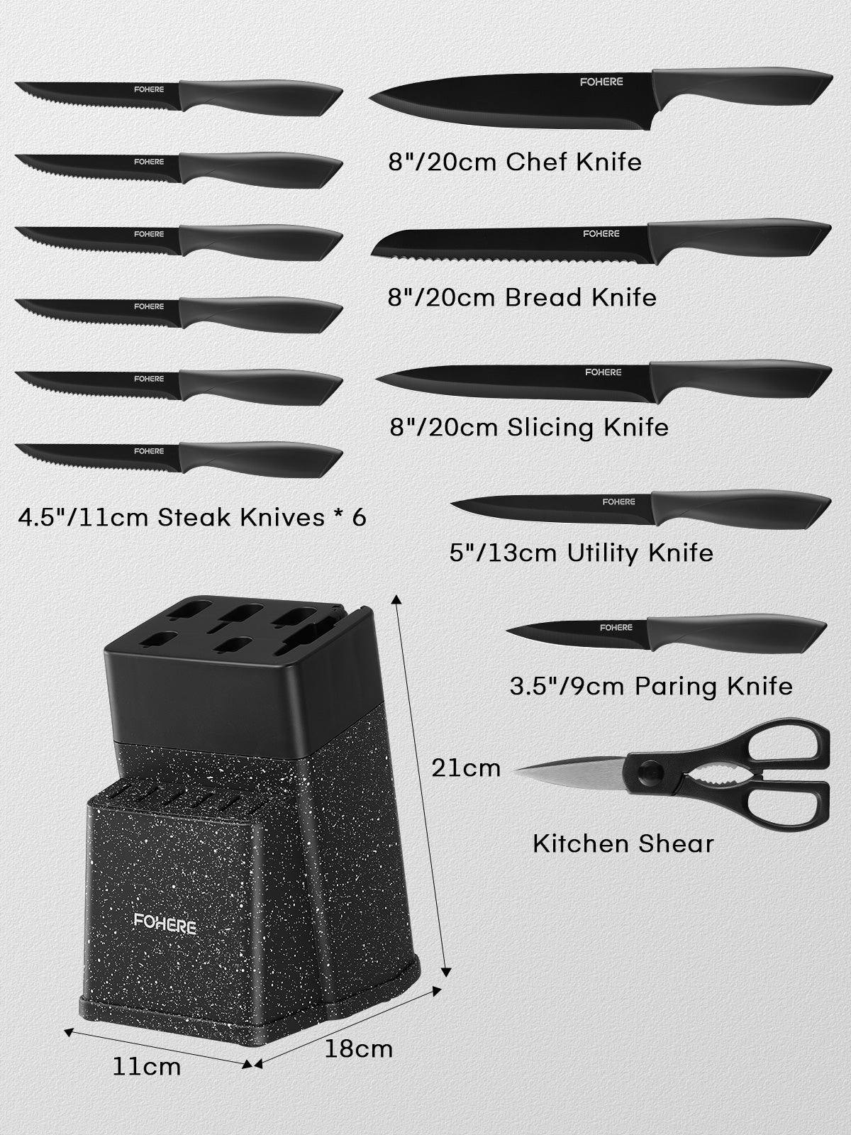 Knife Block Set, FOHERE 13 Pcs Self Sharpening Knife Set, High Carbon Stainless Steel BO Oxidation Knife Set with Anti-slip Handle, Dishwasher Safe, Black Granite