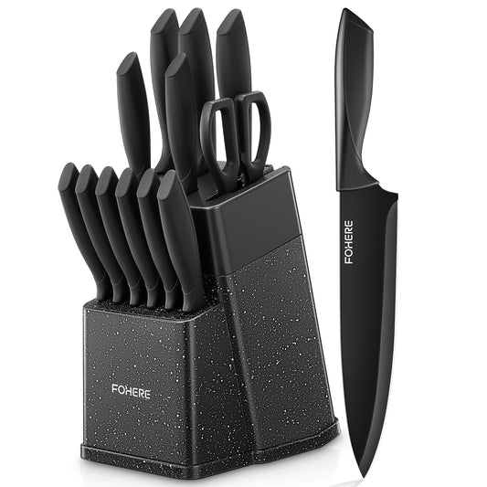 Knife Block Set, FOHERE 13 Pcs Self Sharpening Knife Set, High Carbon Stainless Steel BO Oxidation Knife Set with Anti-slip Handle, Dishwasher Safe, Black Granite