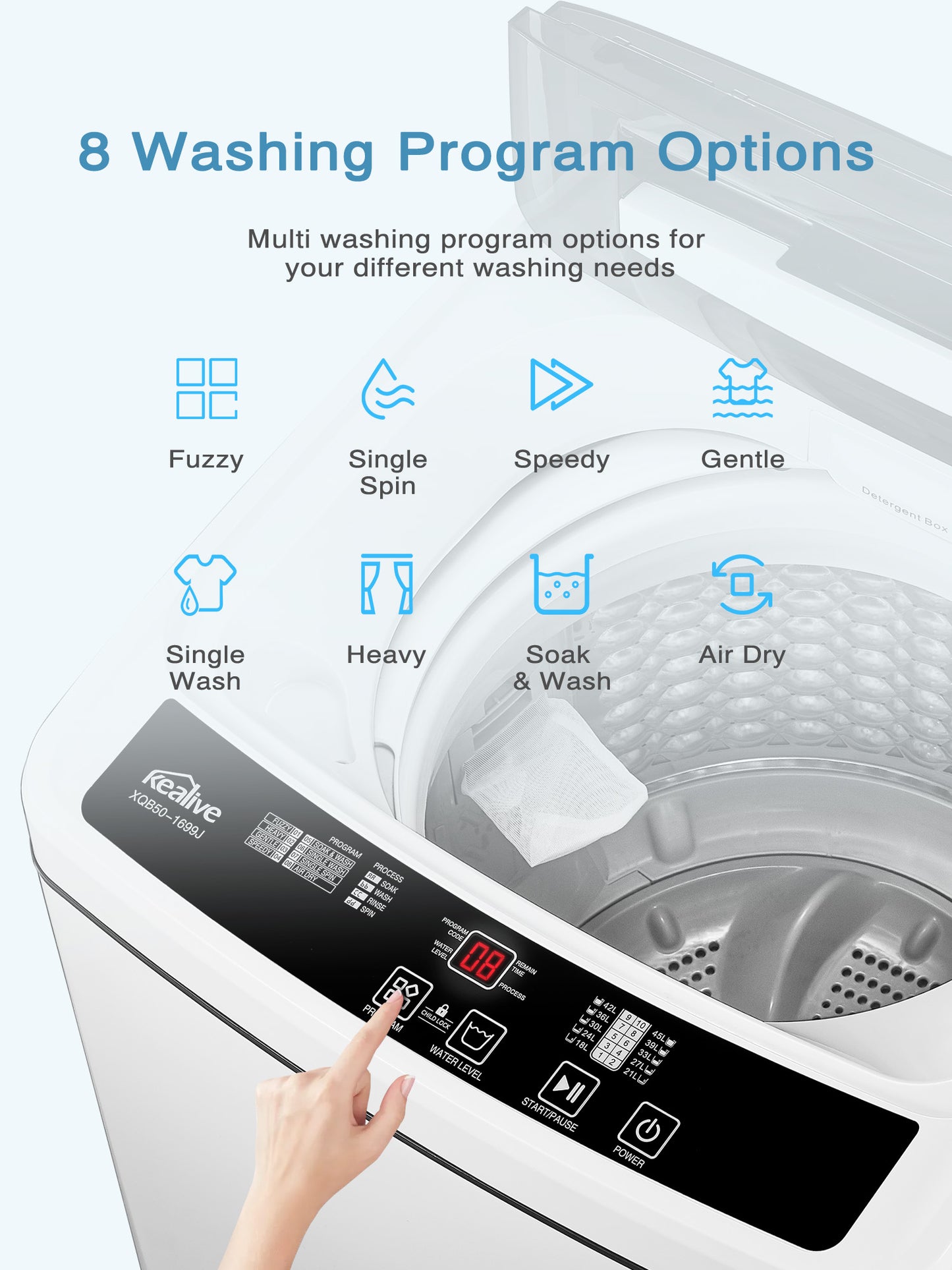 FOHERE Full Automatic Washing Machine, 1.5 Cubic feet 11 lbs Capacity Portable Machine, 8 Programs 10 Water Levels Energy Saving Top Load Washer for Apartment Dorm