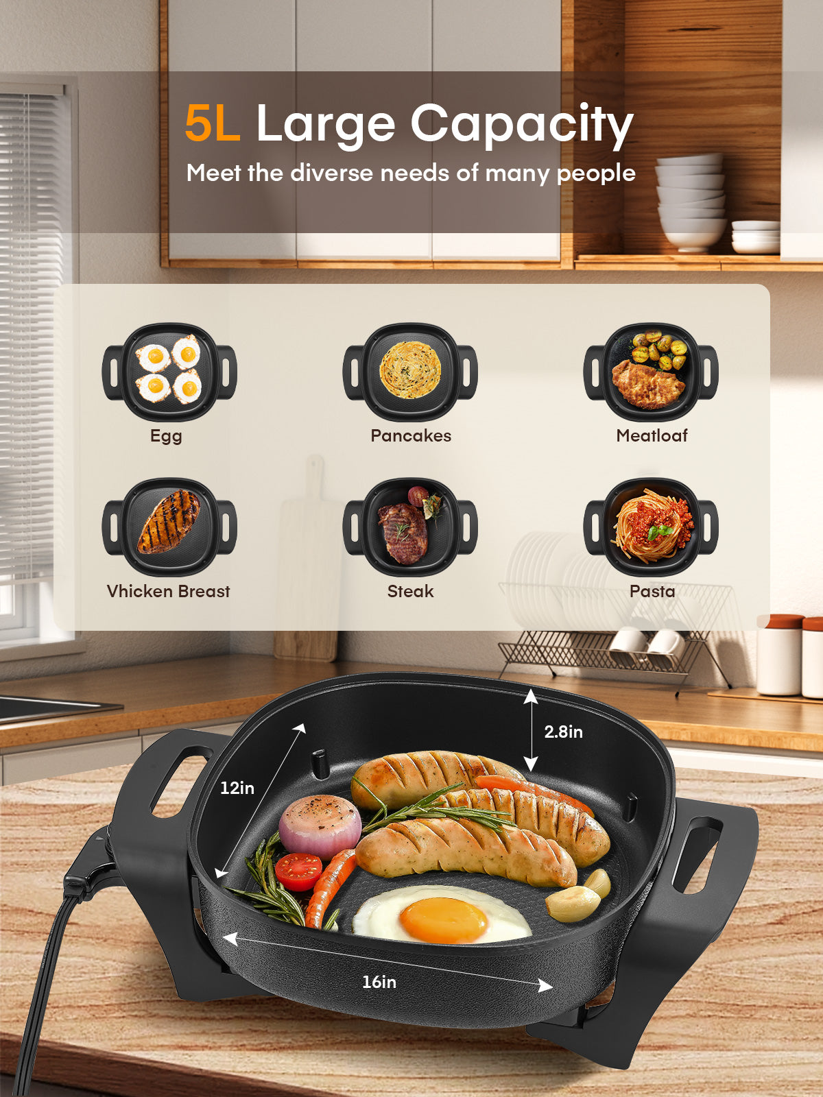 Electric Skillet, 12 Inch Deep Non Stick Electric Frying Pan with Standable Glass Lid, 3 Marked Heating Levels, Heat Resistant Handles and Dishwasher Safe, 1360W, Black, 6x12x2.8 inch