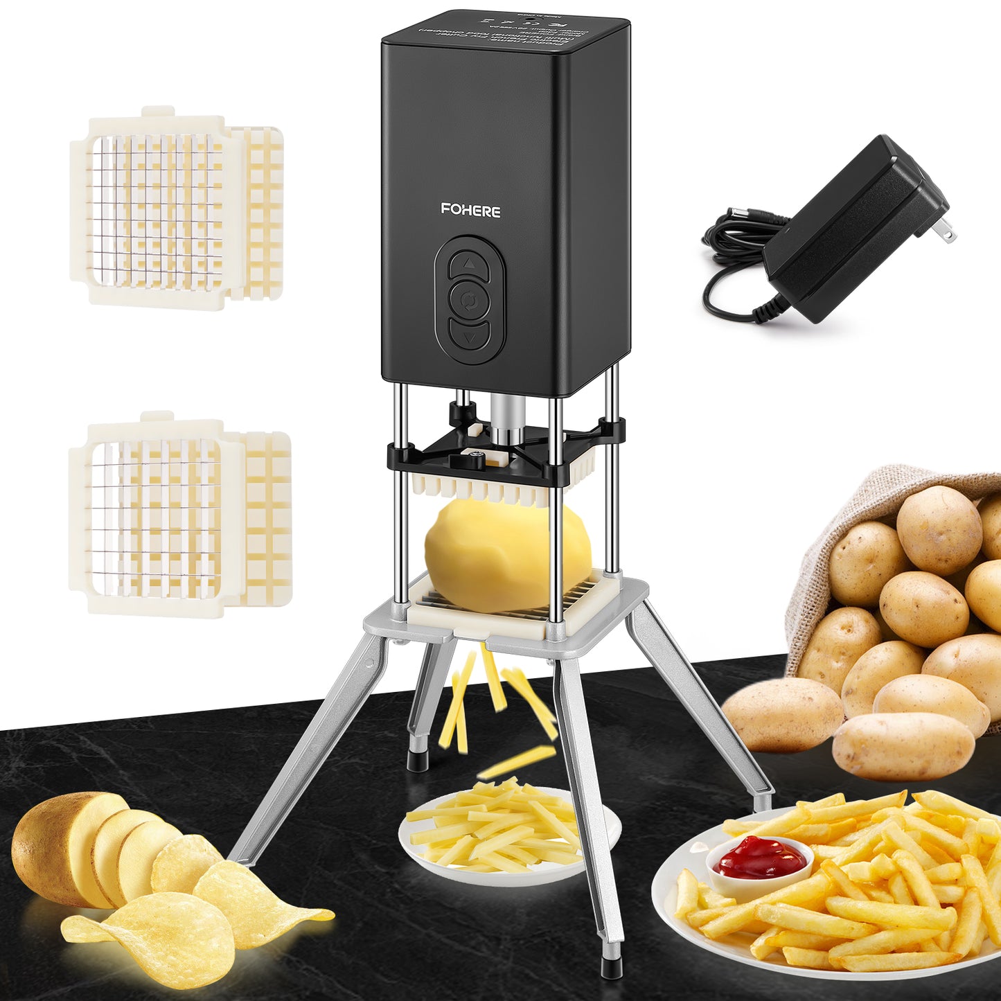 Electric French Fries Cutter, Professional Commercial and Home Use, Stainless Steel with 1/2 and 3/8 Inch Blades, Automatic Vegetable and Fruit Chopper (Black)