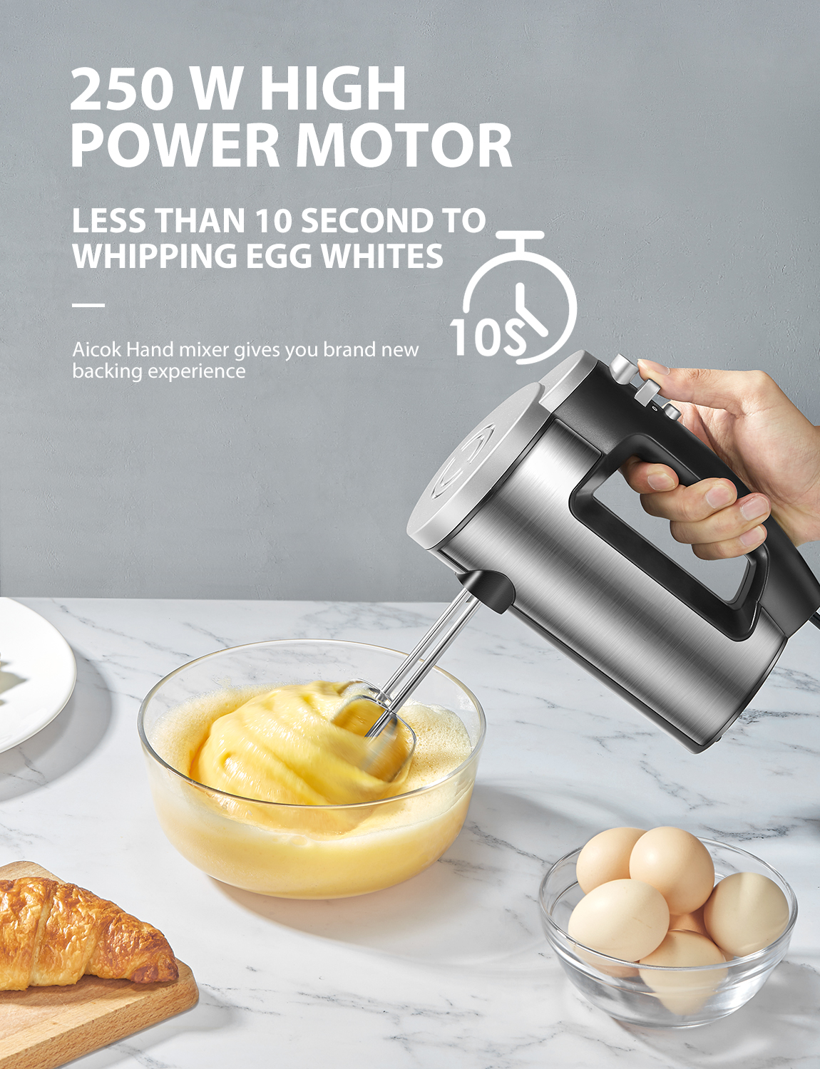 FOHERE 6 Speed Hand Mixer with Turbo Boost, Kitchen Hand Held Mixer Immersion Blender for Food Whipping, Includes 3 Attachments, Silver