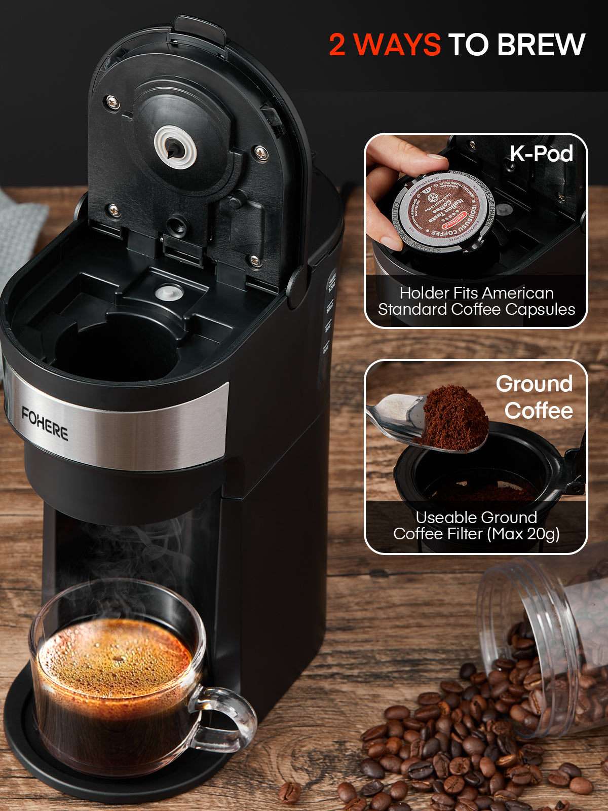 FOHERE Coffee Maker, Single Serve Iced and Hot Coffee Brewer for K Pod & Ground Coffee