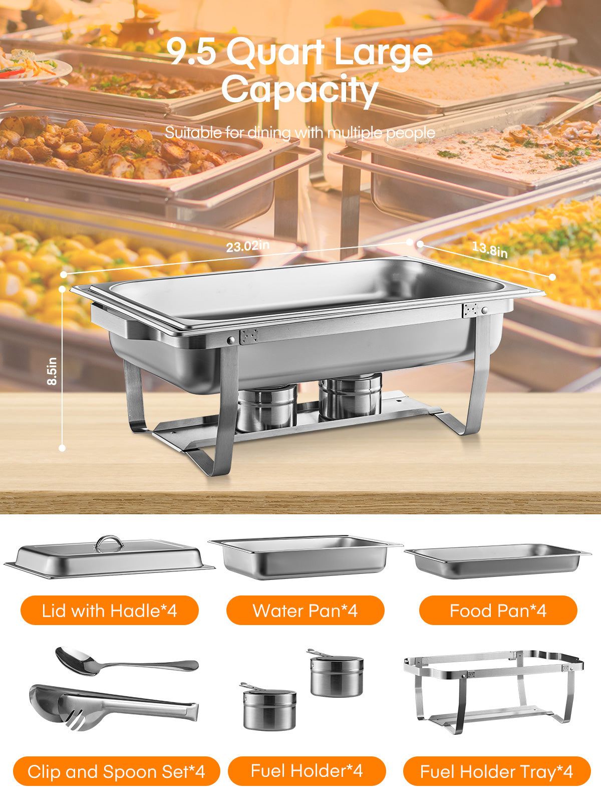 4 Pack of 9.6 Quart Stainless Steel Chafer Chafing Dish Buffet Set W/4* Spoon and Clip, 4*Folding Frame Tray Holder,Ideal for Party, Wedding, Catering