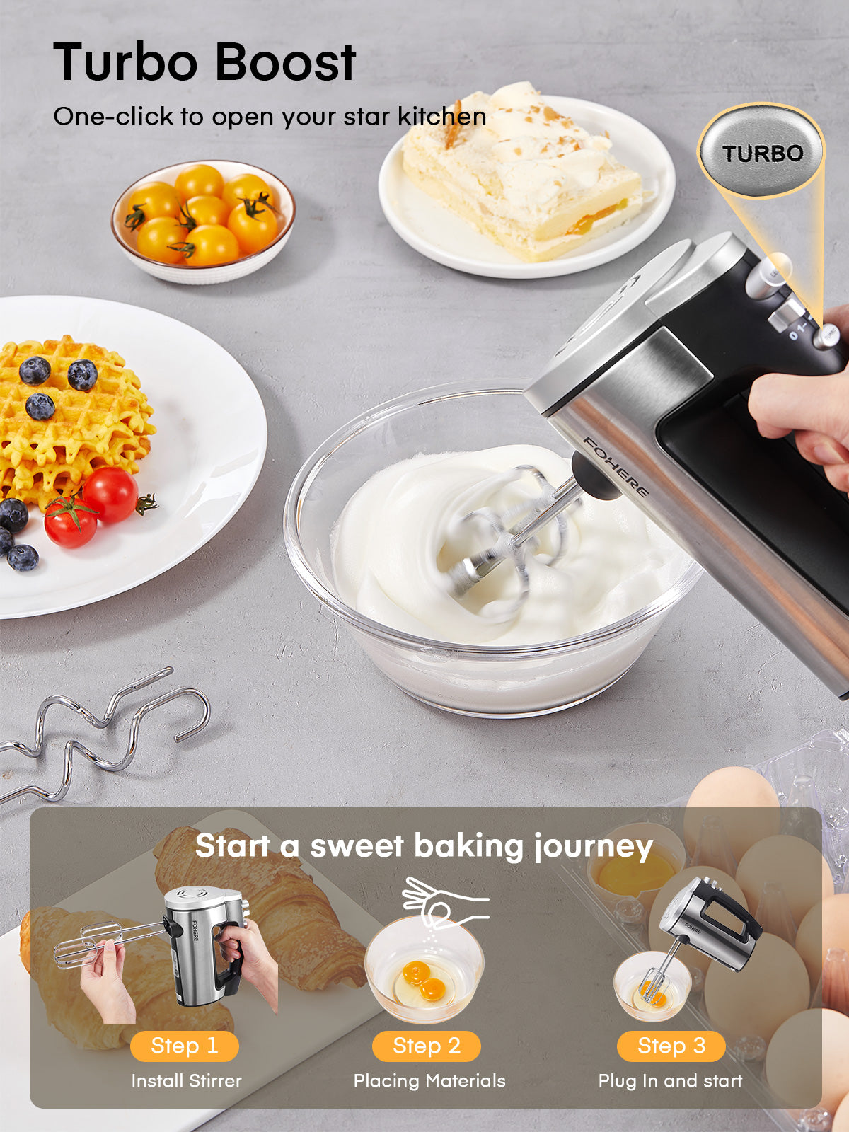 Hand Mixer Electric 6 Speed 300w Turbo Kitchen Handheld Mixer Self-Control Speed Stainless Steel for Easy Whipping Dough, Cream, Cake