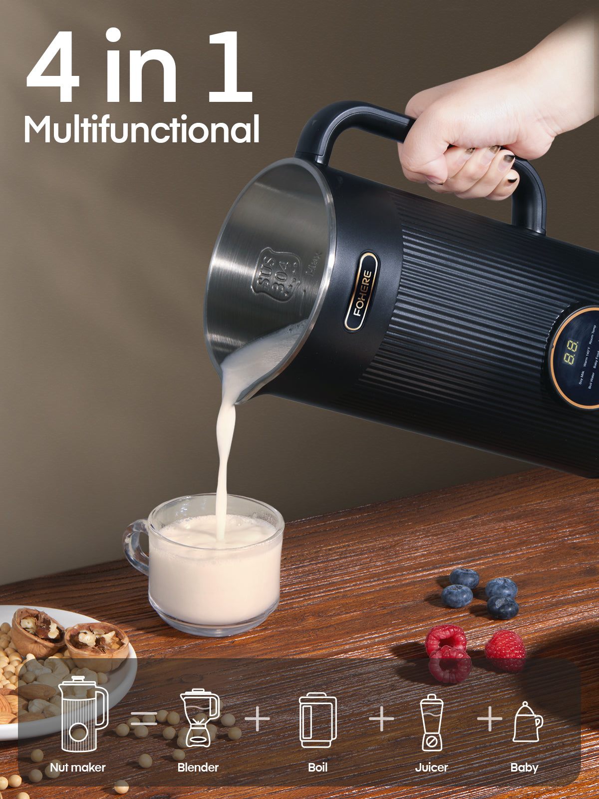 Nut Milk Machines FOHERE 35oz Automatic Almond Maker, 800W Homemade Plant Milk, Oat, Soy, Juice and Free-Dairy Drinks, With Delay Start/Self-Clean/Keep Warm/Boil