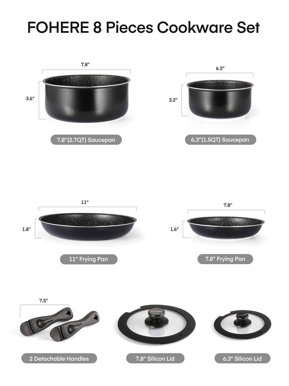 Fohere Pans and Pots Set 8 Pieces with Removable Handle