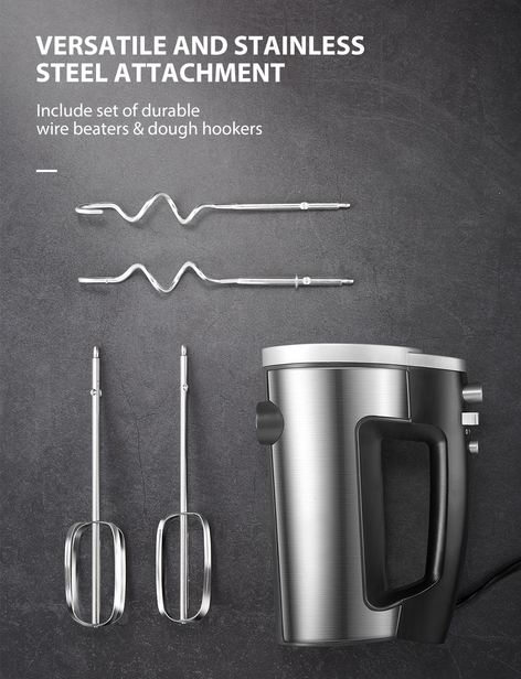 6 Speed Hand Mixer with Turbo Boost, Kitchen Immersion Blender for Food Whipping, Egg Beaters Includes 3 Attachments, Silver
