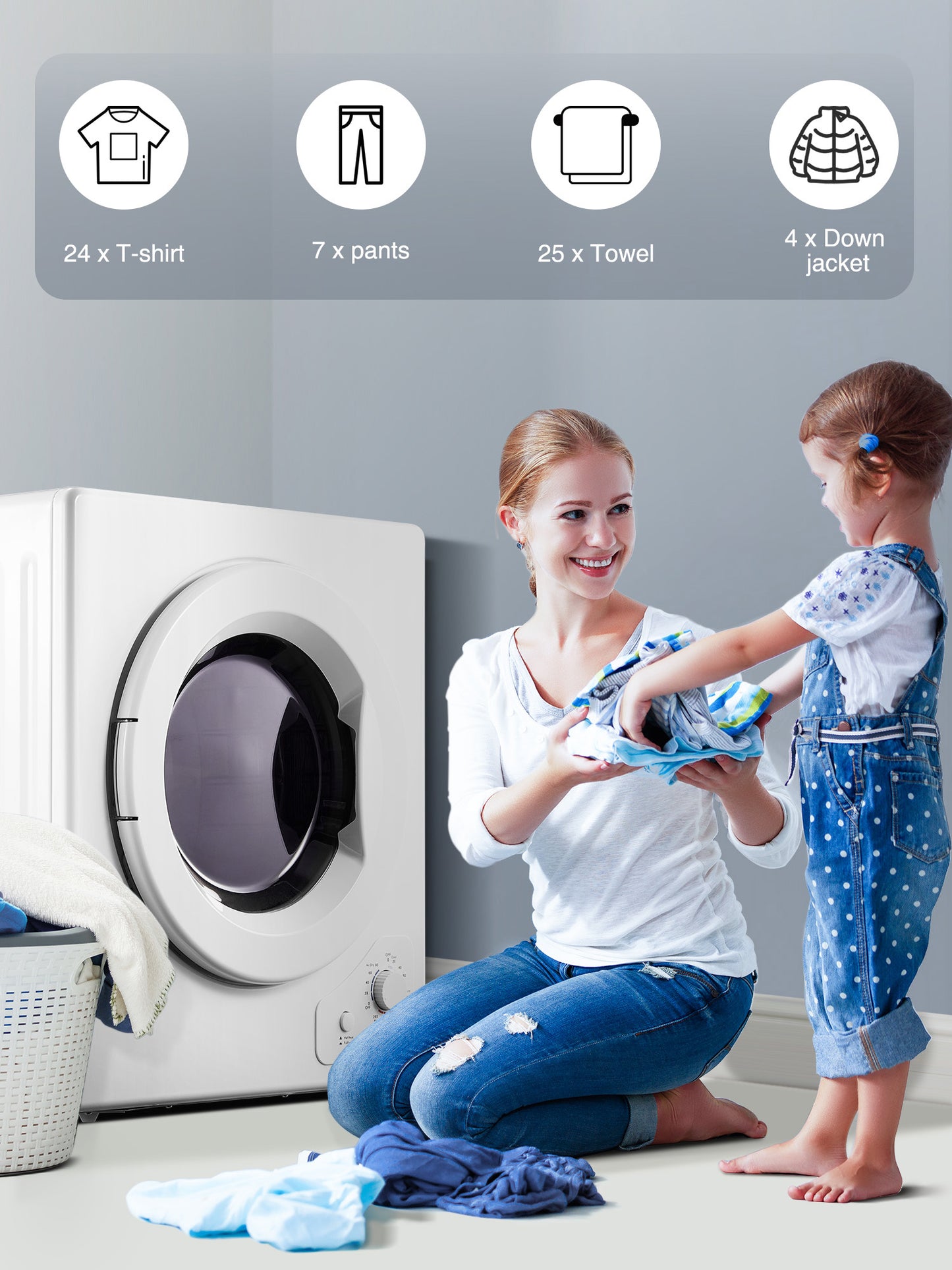 2.9 cu.ft FOHERE Portable Clothes Dryers, Compact Dryer, 1400W Vented Tumble Dryer with Sensor, 5 Auto Drying Mode, with Exhaust Duct & Stainless Steel Tub, for Apartment, Home, Dorm-110V, White