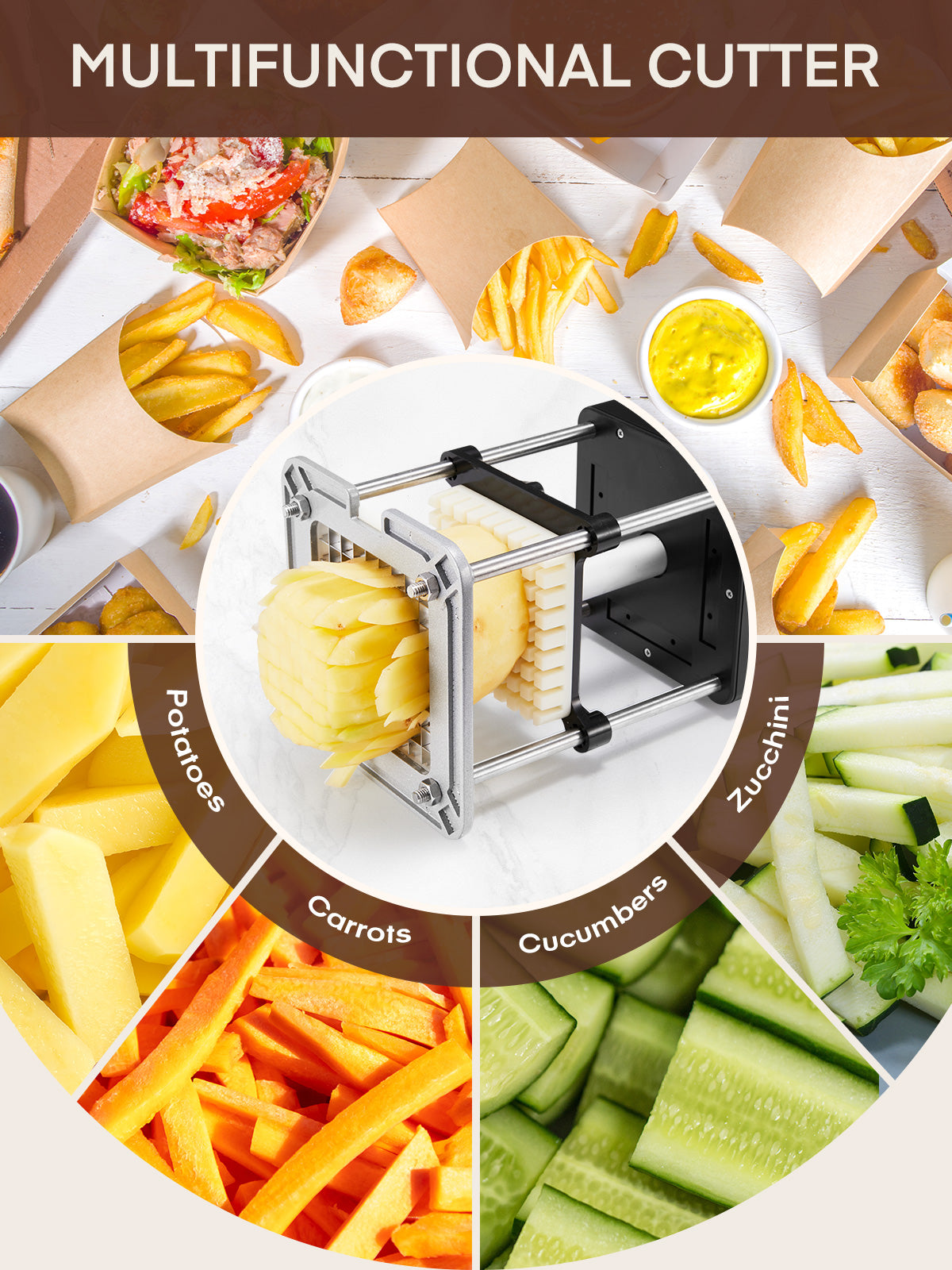 Electric French Fries Cutter, Professional Commercial and Home Use, Stainless Steel with 1/2 and 3/8 Inch Blades, Automatic Vegetable and Fruit Chopper (Black)