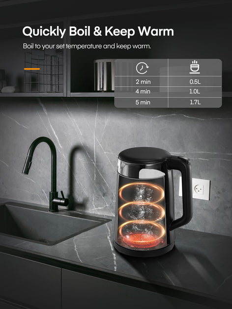 Electric Kettle, 1.7L Tea Kettle, FOHERE Wide Opening Glass Kettle, 1500W Fast Boil, 5 Temperature Control, Auto Shut-Off & Boil-Dry Protection, with 5 Colored Lights, BPA-Free, Easy to Clean, Black