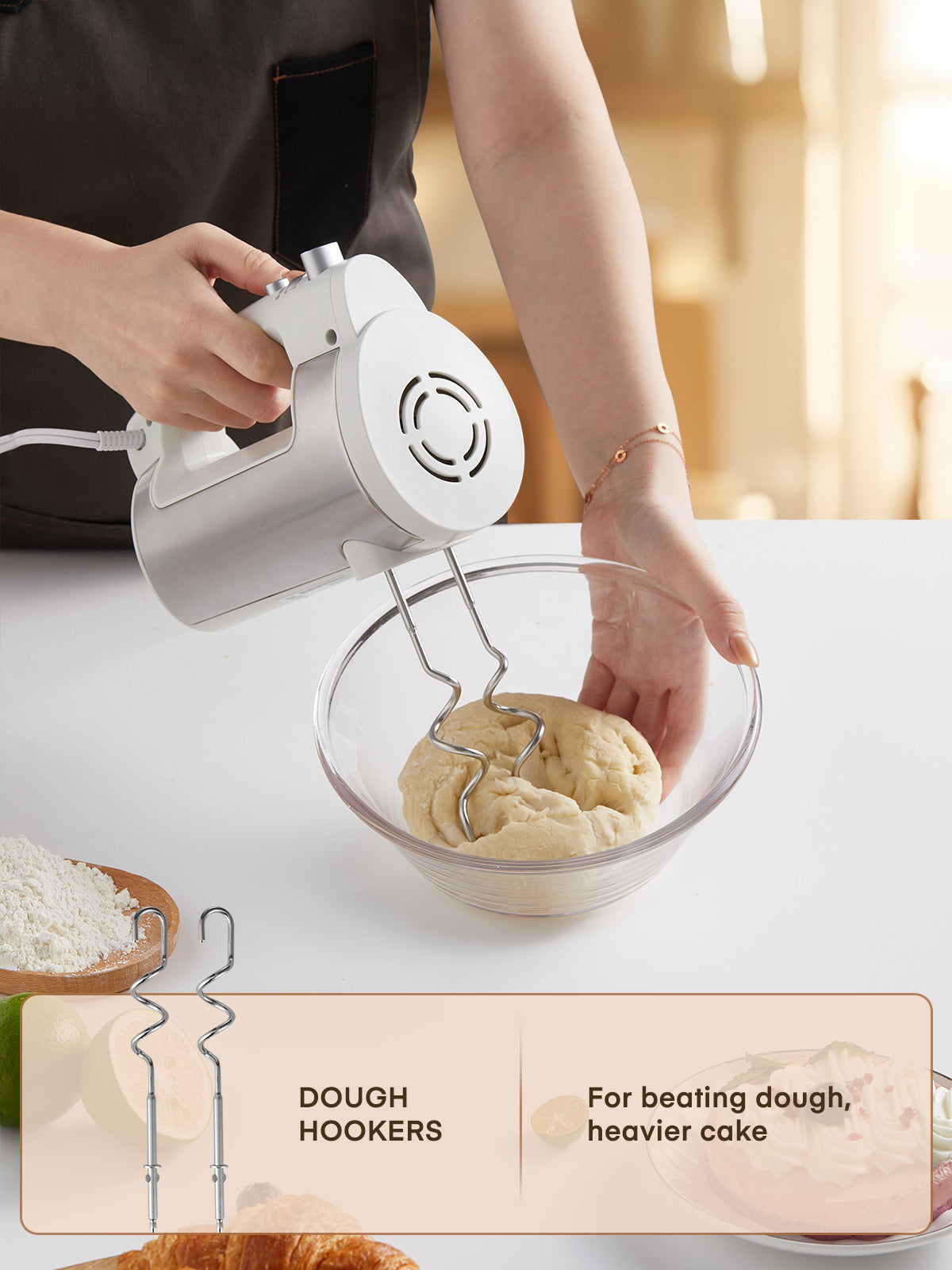 6 Speed Hand Mixer with Turbo Boost, Kitchen Hand Held Mixer Immersion Blender for Food Whipping, Includes 3 Attachments, White