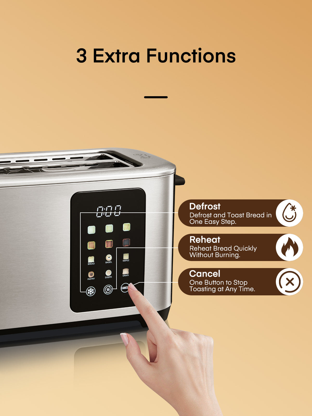 4 Slice Toaster Touch Screen Control, Long Extra-Wide Slots Smart Bread Toaster, 6 Bread Types & 6 Shade Settings, Stainless Steel Toaster, with Removable Tray, Cancel/Defrost/Reheat Functions, Silver