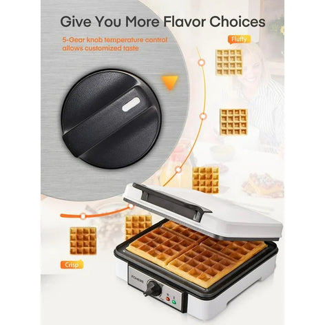 1200W Waffle Maker, 4-Slice Waffle Iron, Non-Stick, Browning Control, White