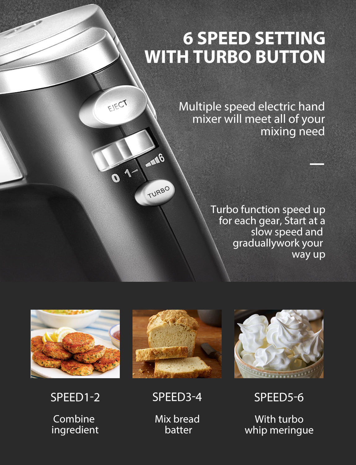 FOHERE 6 Speed Hand Mixer with Turbo Boost, Kitchen Hand Held Mixer Immersion Blender for Food Whipping, Includes 3 Attachments, Silver