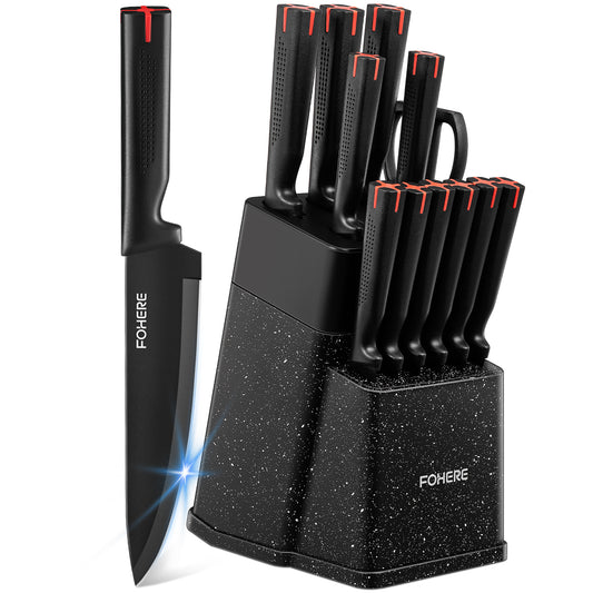 FOHERE 13 Pieces Knife Set with Block, Stainless Steel Knive Sets for Kitchen with Built-in Sharpener Sharp Kitchen Knife Block Set with Anti-slip Handle Rust Resistant, Black