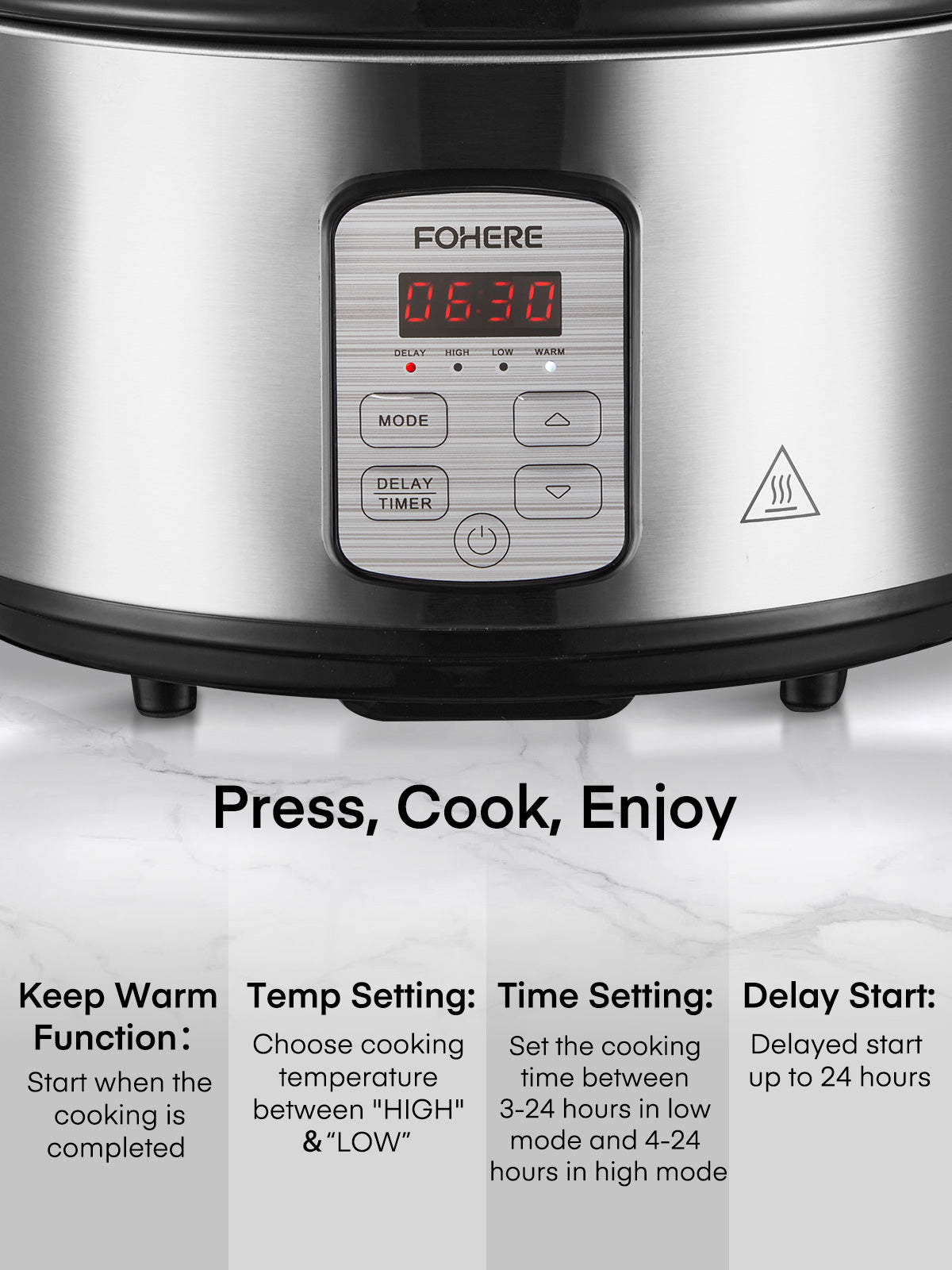 FOHERE 6Qt Slow Cooker with Ceramic Inner Pot, Adjustable Time ＆ Temp, Auto Keep Warm Function, Delay Start Function