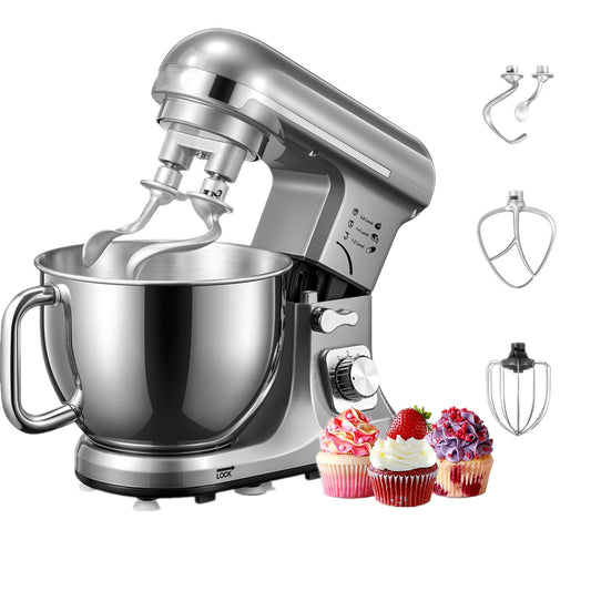 Stand Mixer with Double Hook, 6 Speeds, 5.5Qt Stainless Steel Bowl, Beater and Whisk Silver