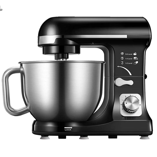 Stand Mixer with Double Hook, 6 Speeds, 5.5Qt Stainless Steel Bowl, Beater and Whisk Black