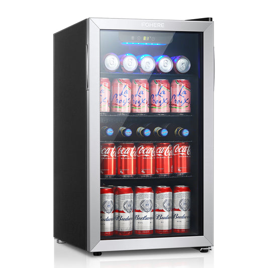 FOHERE Beverage Refrigerator Cooler, 120 Cans Mini Fridge with Glass Door for Soda Beer or Wine, Drink Dispenser with Adjustable Removable Shelving, Freestanding Beverage Fridge for Office, Bar, Home