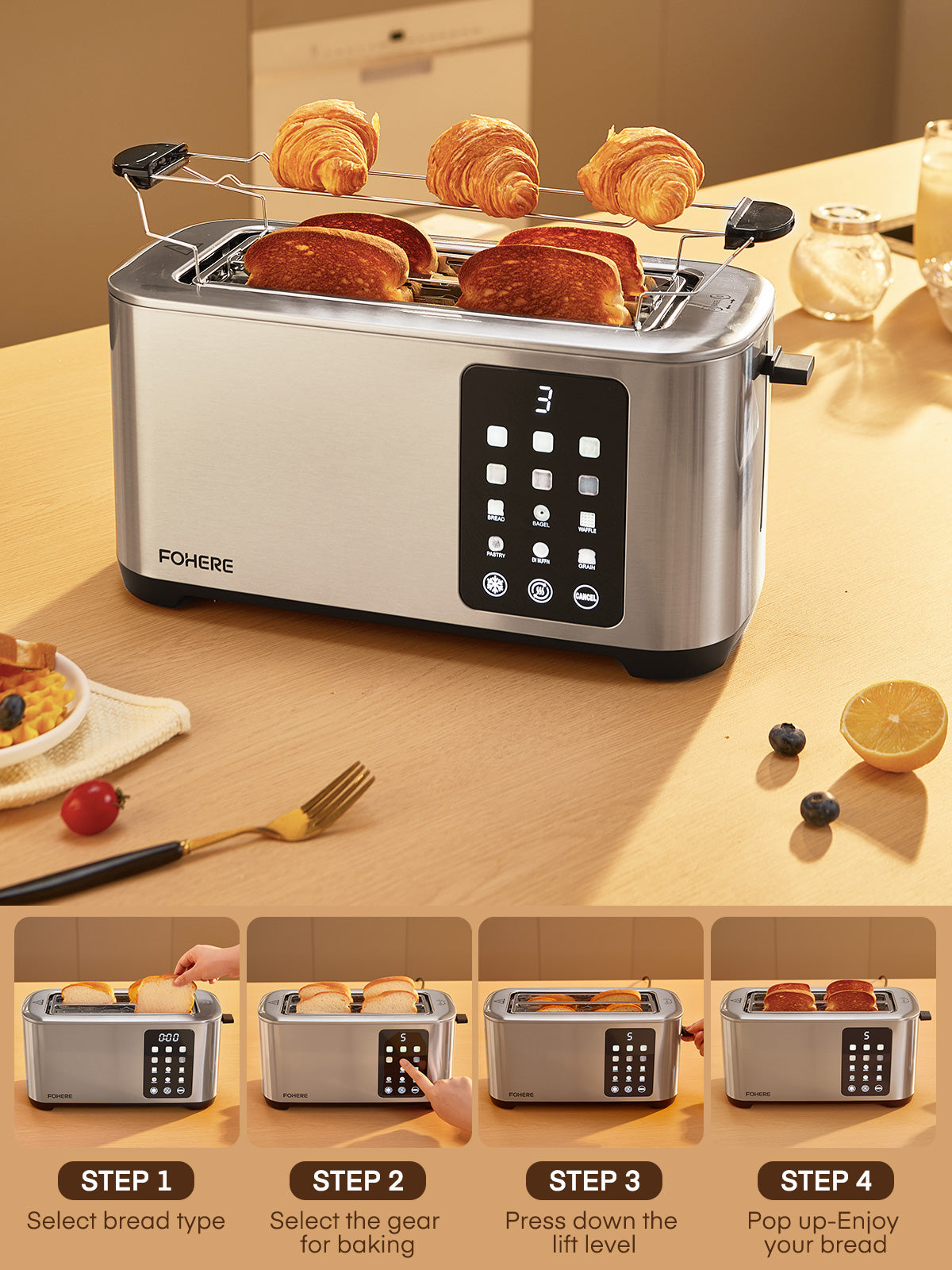 4 Slice Toaster Touch Screen Control, Long Extra-Wide Slots Smart Bread Toaster, 6 Bread Types & 6 Shade Settings, Stainless Steel Toaster, with Removable Tray, Cancel/Defrost/Reheat Functions, Silver