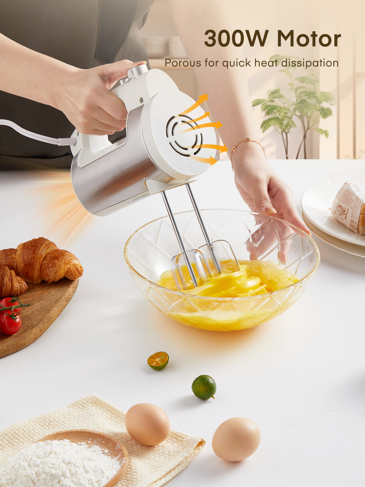 6 Speed Hand Mixer with Turbo Boost, Kitchen Hand Held Mixer Immersion Blender for Food Whipping, Includes 3 Attachments, White