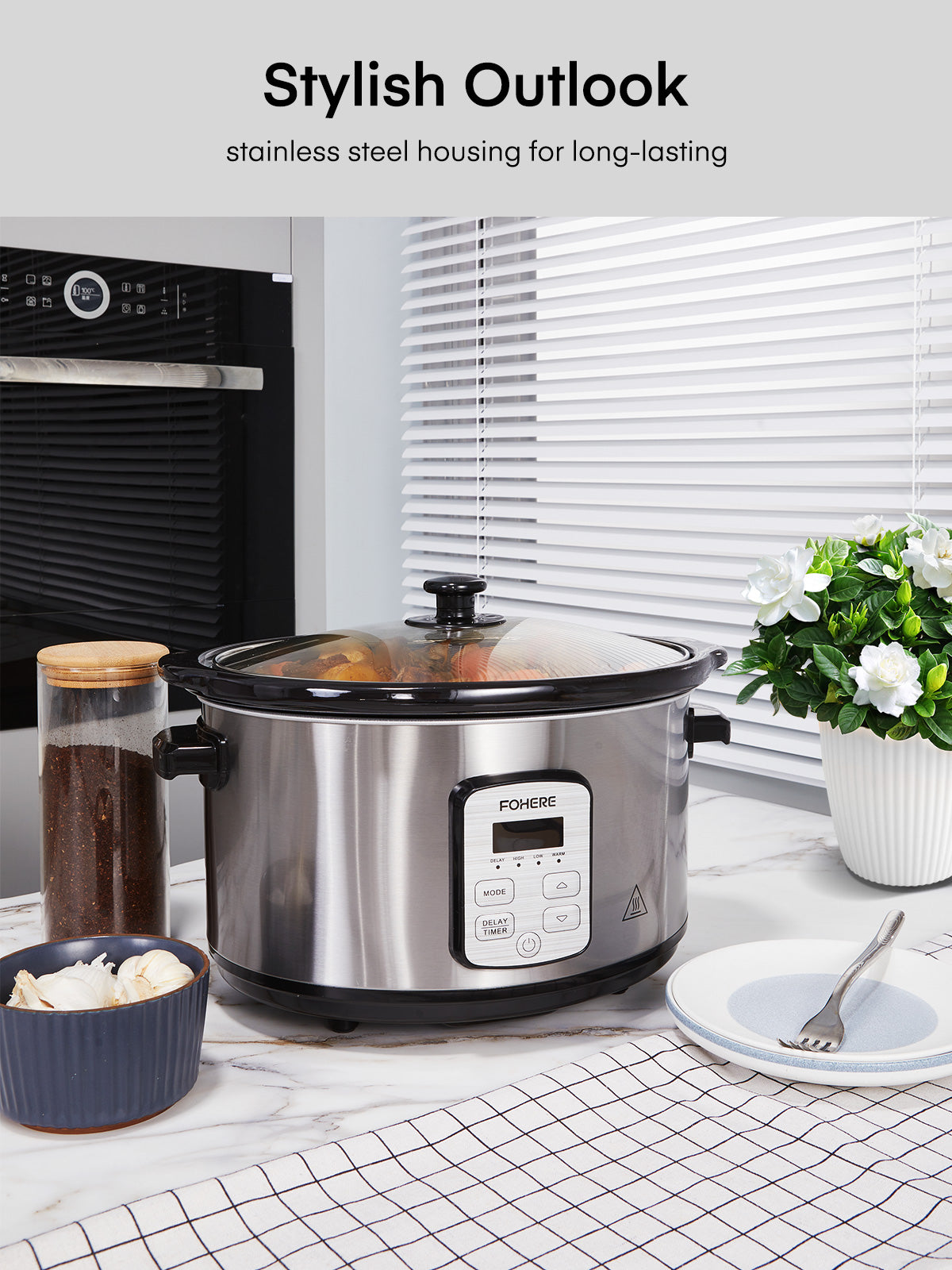 FOHERE 6Qt Slow Cooker with Ceramic Inner Pot, Adjustable Time ＆ Temp, Auto Keep Warm Function, Delay Start Function