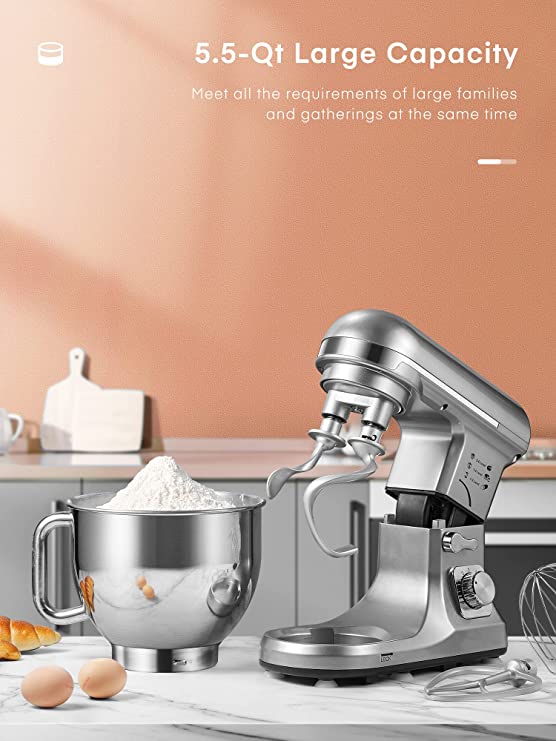 5.5QT Stand Mixer Electric with Double Dough Hook, Wire Whip