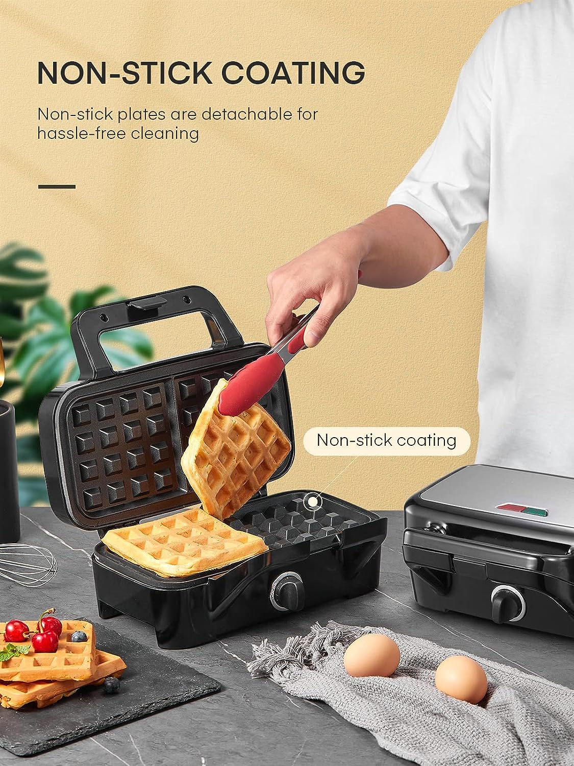 AN-780 FOHERE Waffle Maker 3 in 1 Sandwich Maker 1200W Panini Press With  Removable Plates and 5-gear Temperature control, Non-stick coa