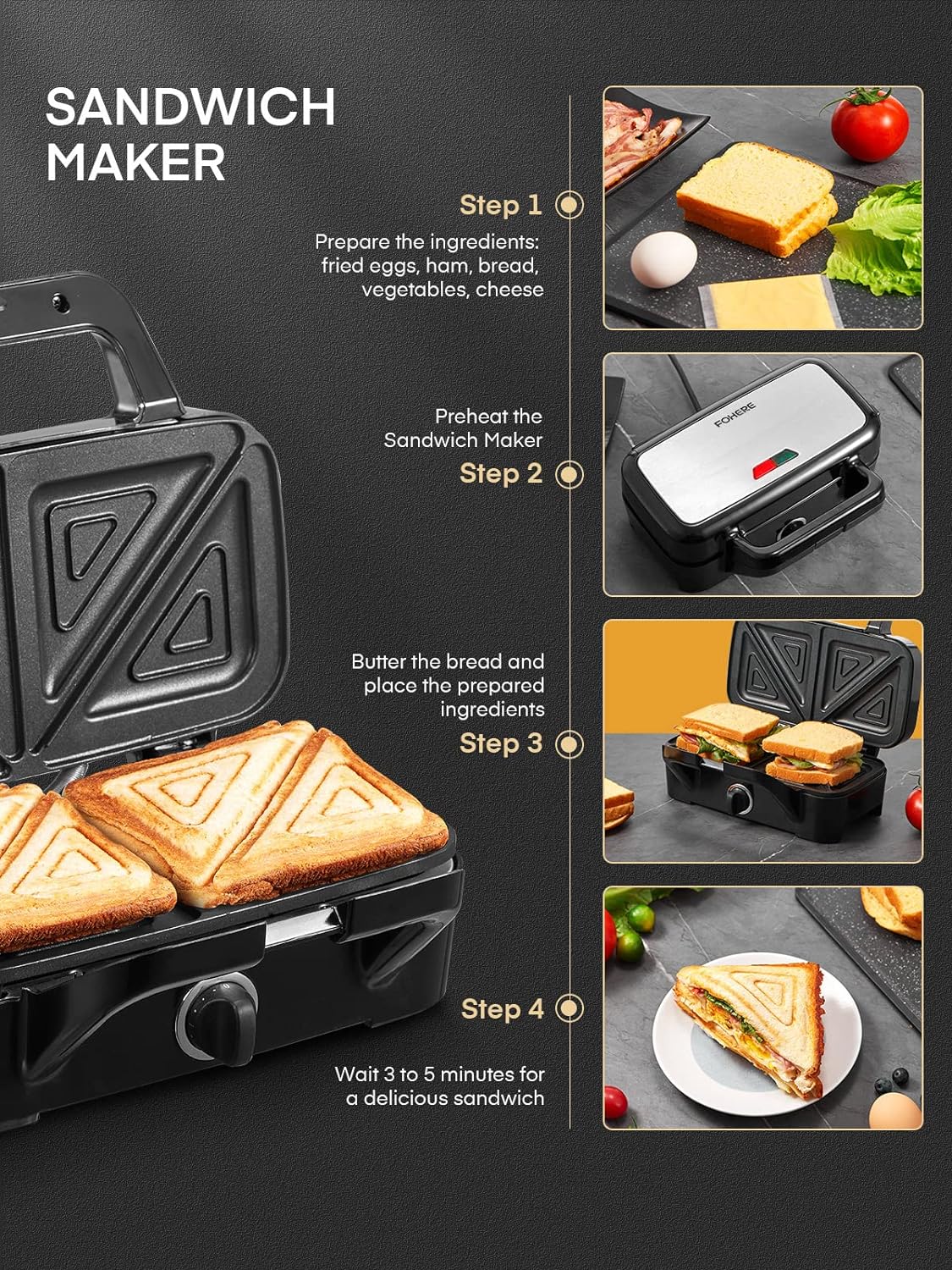 Sandwich Maker, Panini Press Grill, 3-in-1 Detachable Non-Stick