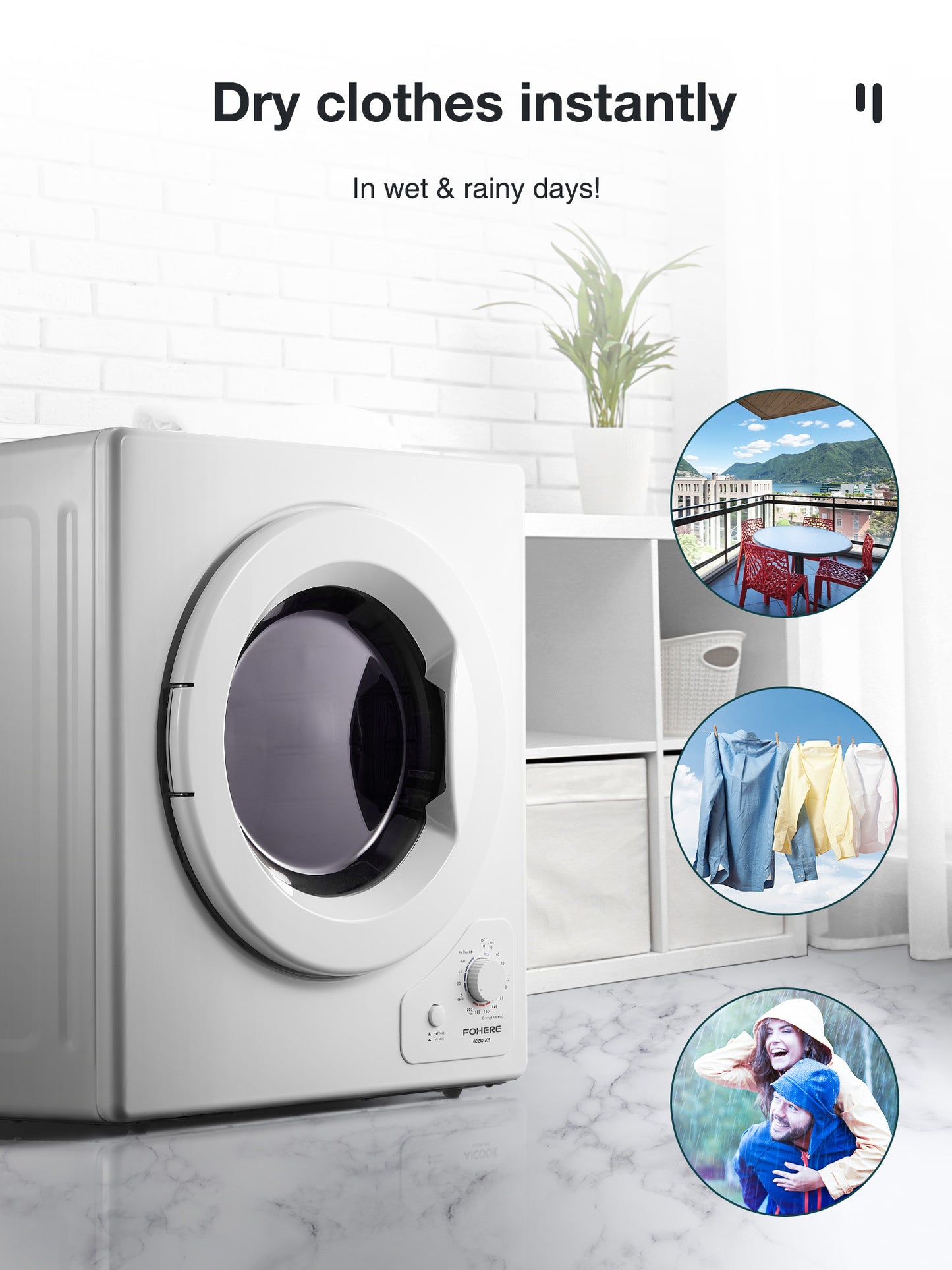 2.9 cu.ft FOHERE Portable Clothes Dryers, Compact Dryer, 1400W Vented Tumble Dryer with Sensor, 5 Auto Drying Mode, with Exhaust Duct & Stainless Steel Tub, for Apartment, Home, Dorm-110V, White