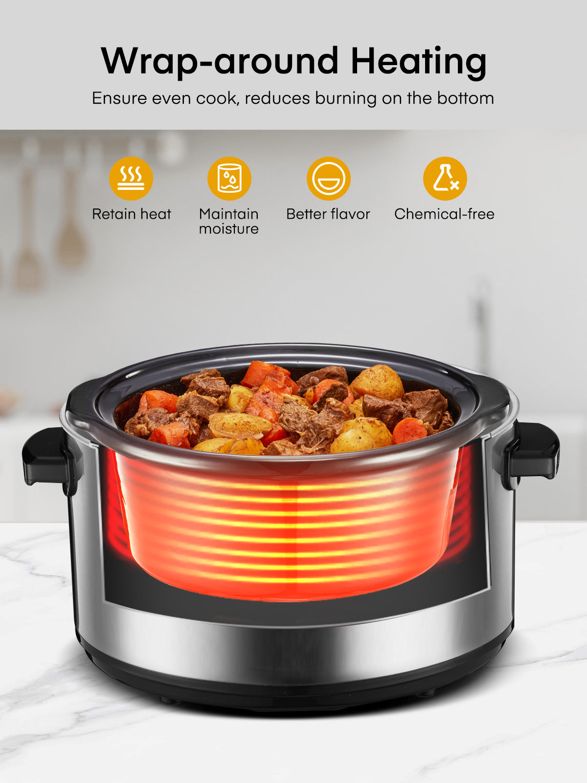 FOHERE 6Qt Slow Cooker with Ceramic Inner Pot, Adjustable Time ＆ Temp, Auto Keep Warm Function, Delay Start Function