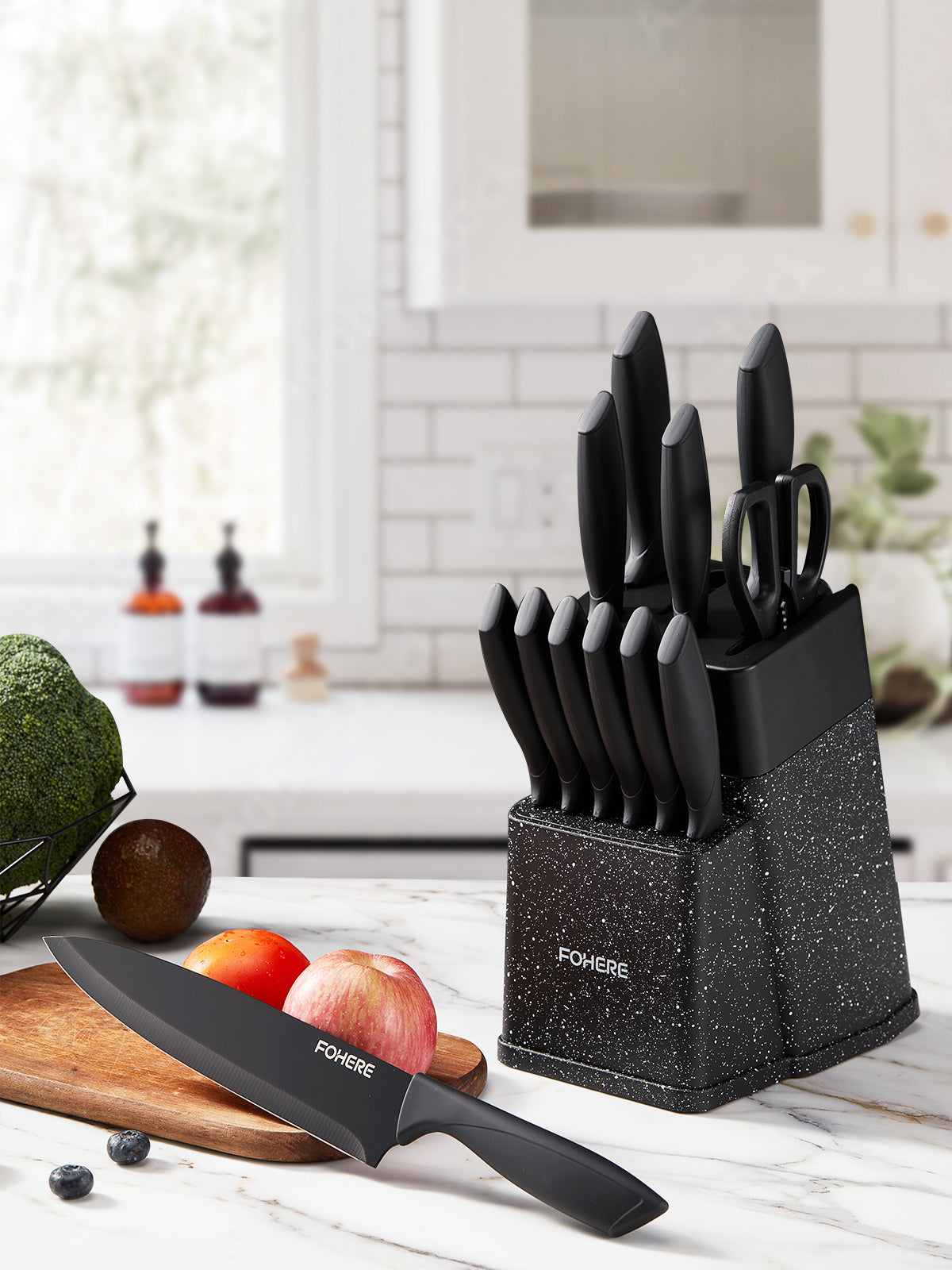 Knife Block Set, FOHERE 13 Pcs Self Sharpening Knife Set, High Carbon Stainless Steel BO Oxidation Knife Set with Anti-slip Handle, Dishwasher Safe, Black Granite